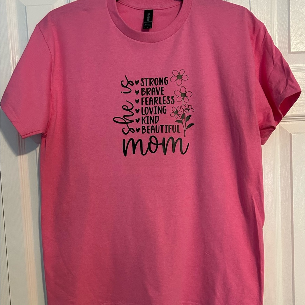 Gildan Pink Short Sleeve Tee with Black 'She Is Mom' Graphic
